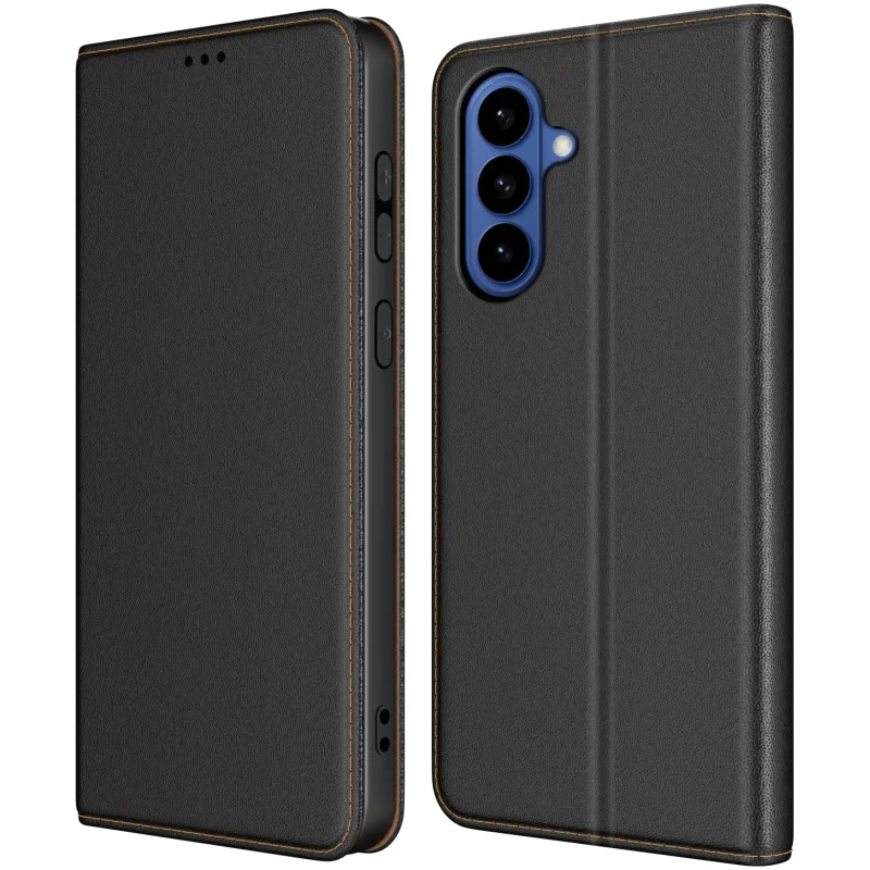Skórzane etui z klapką do Samsung Galaxy S26 w kolorze czarnym – widok przód i tył, eleganckie wykończenie ze skóry, precyzyjne wycięcia na aparat i przyciski boczne