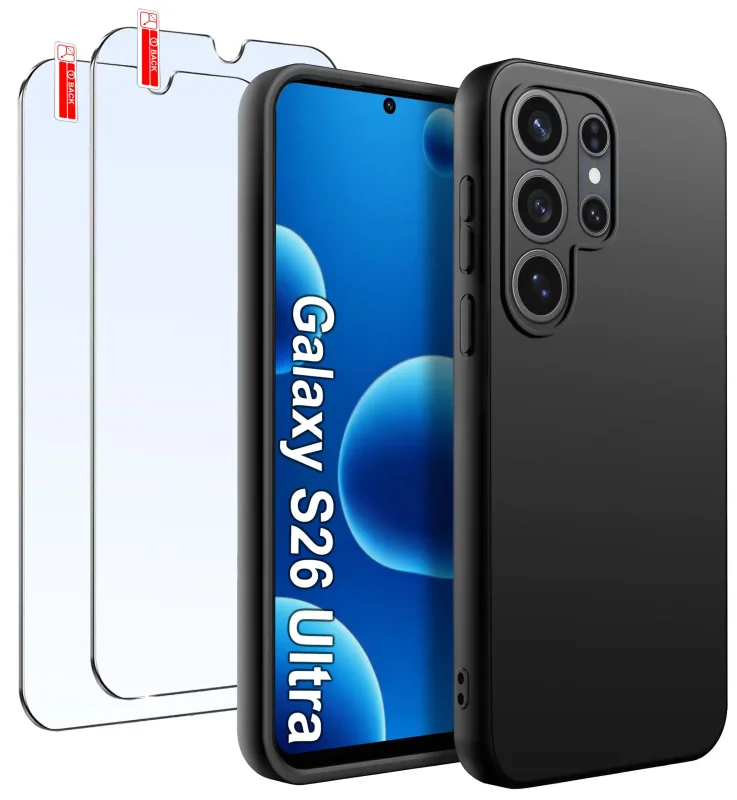 Czarny silikonowy case do Samsung Galaxy S26 Ultra z dwoma szkłami hartowanymi