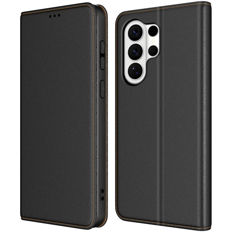 Skórzane etui z klapką do Samsung Galaxy S26 Ultra w kolorze czarnym – widok przód i tył, eleganckie wykończenie ze skóry, precyzyjne wycięcia na aparat i przyciski boczne