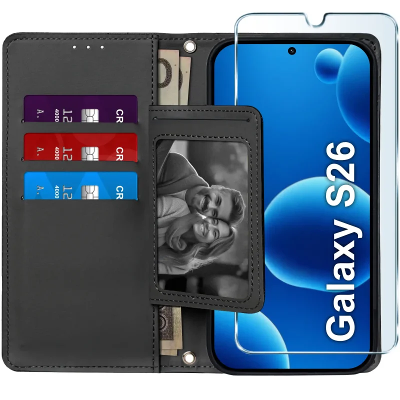 Czarne etui portfelowe do Samsung Galaxy S26 – wnętrze z czterema kieszonkami na karty, przegrodą na banknoty i szkłem hartowanym w zestawie