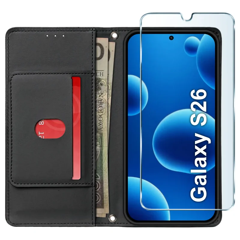 Czarne etui portfelowe do Samsung Galaxy S26 ze szkłem hartowanym 9H – widok otwartego etui