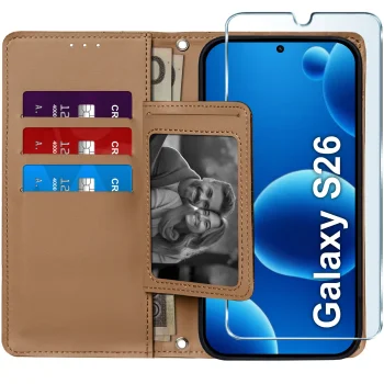 Etui do Samsung Galaxy S26 z klapką z zapięciem brązowe ze szkłem