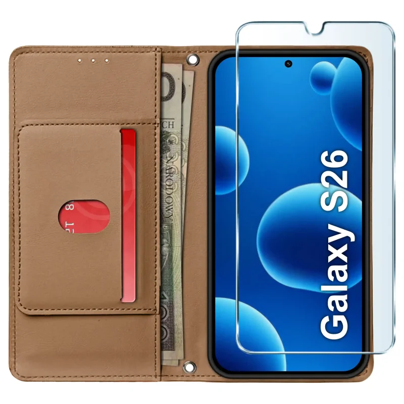 Brązowe etui portfelowe do Samsung Galaxy S26 ze szkłem hartowanym 9H – widok otwartego etui