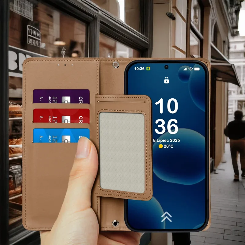 Brązowe etui z klapką do Samsung Galaxy S26 trzymane w dłoni – widok otwartego etui z kieszonkami