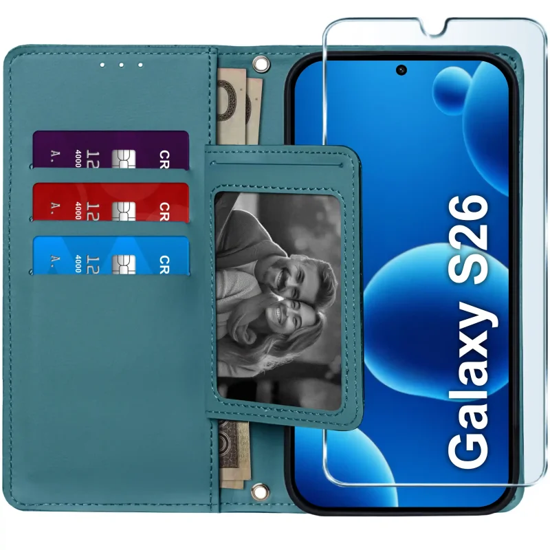 Niebieskie etui portfelowe do Samsung Galaxy S26 – wnętrze z czterema kieszonkami na karty, przegrodą na banknoty i szkłem hartowanym w zestawie