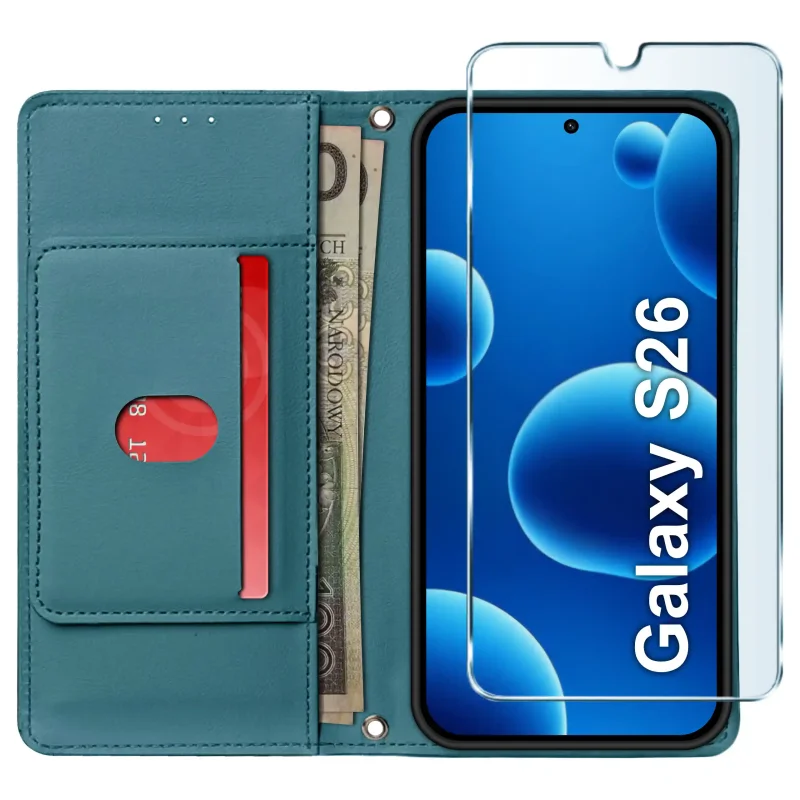 Niebieskie etui portfelowe do Samsung Galaxy S26 ze szkłem hartowanym 9H – widok otwartego etui