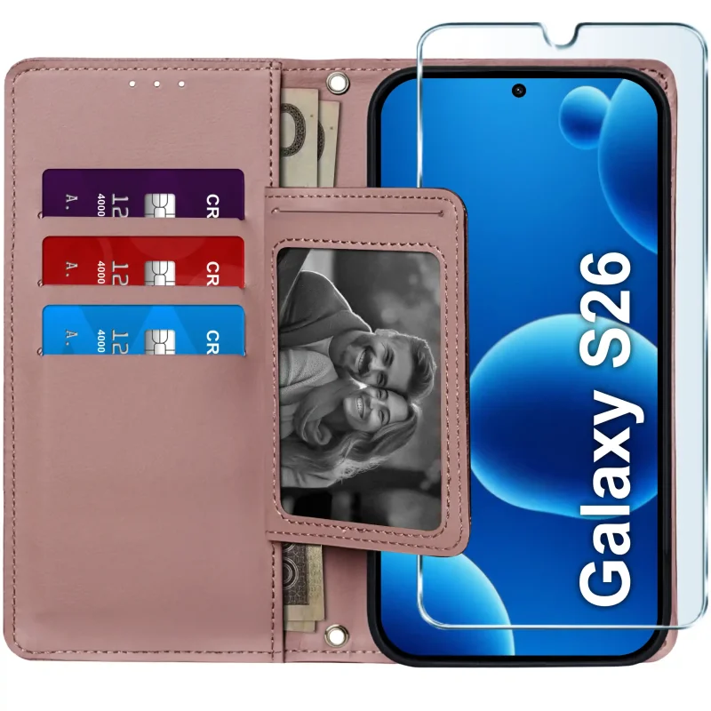 Różowe etui portfelowe do Samsung Galaxy S26 – wnętrze z czterema kieszonkami na karty, przegrodą na banknoty i szkłem hartowanym w zestawie