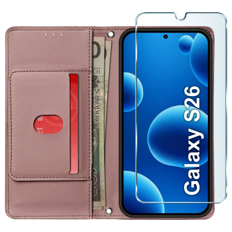 Różowe etui portfelowe do Samsung Galaxy S26 ze szkłem hartowanym 9H – widok otwartego etui