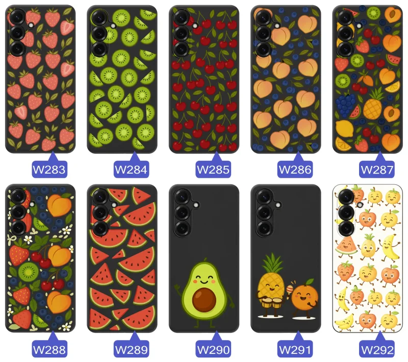 Zestaw owocowych wzorów do Samsung Galaxy S26+ Plus – motywy cytrusów, wiśni, kiwi, arbuzów awokado oraz letnich kompozycji owocowych.