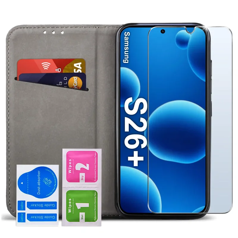 Skórzane etui z klapką do Samsung Galaxy S26+ Plus czarne - widok od wewnątrz, kieszonki na karty
