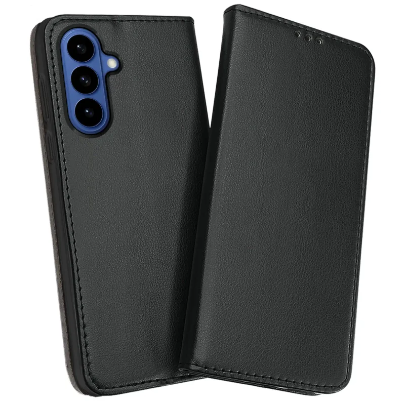 Samsung Galacy S26+ Plus w czarnym skórzanym etui z klapką - widok z przodu i z tyłu