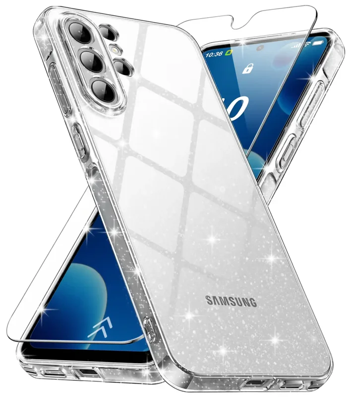 Bezbarwny case z brokatem do Samsung Galaxy S26 Ultra z dołączonym szkłem hartowanym – widok przód i tył, błyszczące wykończenie