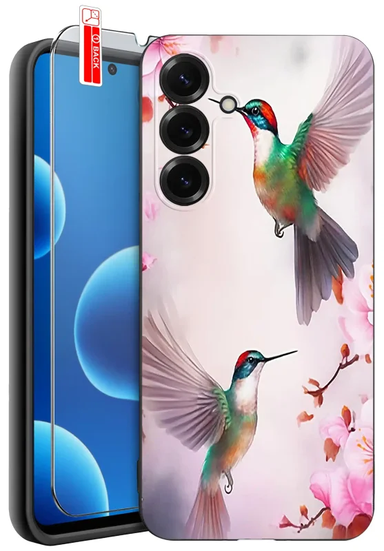 Etui na Dzień Babci do Samsung Galaxy S26 z wzorem dwóch kolorowych kolibrów wśród różowych kwiatów na jasnym tle