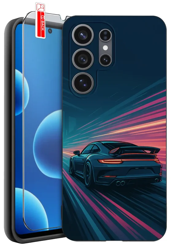 Etui do Samsung Galaxy S26 Ultra z motywem motoryzacyjnym - sportowy samochód jadący nocą w neonowym stylu
