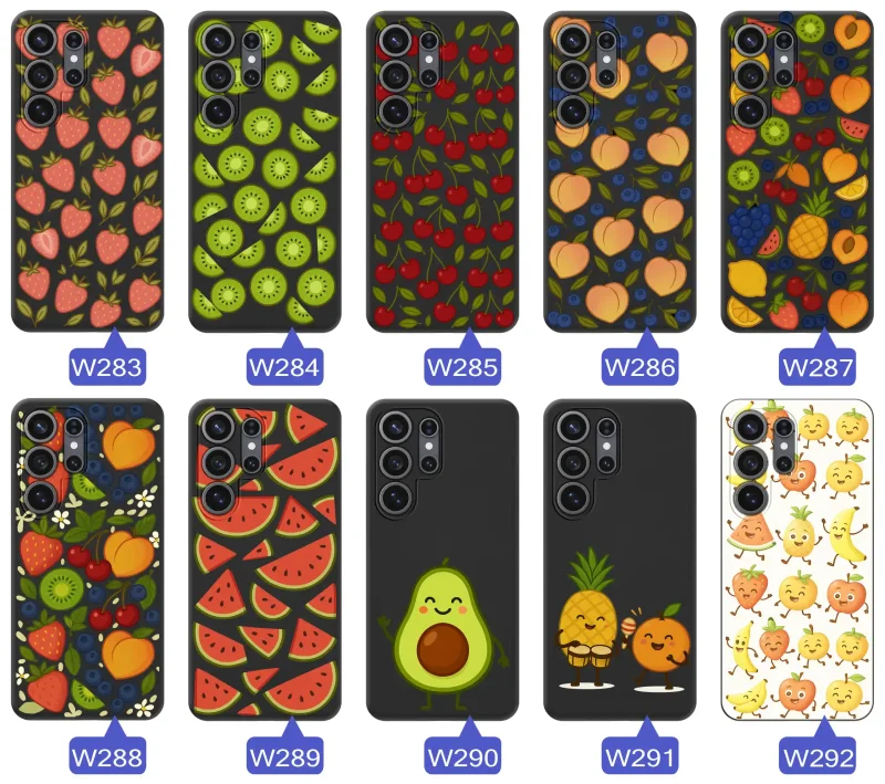 Zestaw owocowych wzorów do Samsung Galaxy S26 Ultra – motywy cytrusów, wiśni, kiwi, arbuzów awokado oraz letnich kompozycji owocowych.