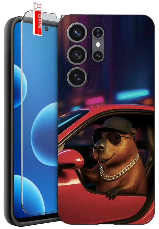 Samsung Galaxy S26 Ultra w etui z wzorem kapibary w jadącej czerwonym samochodem i szkło hartowane w zestawie