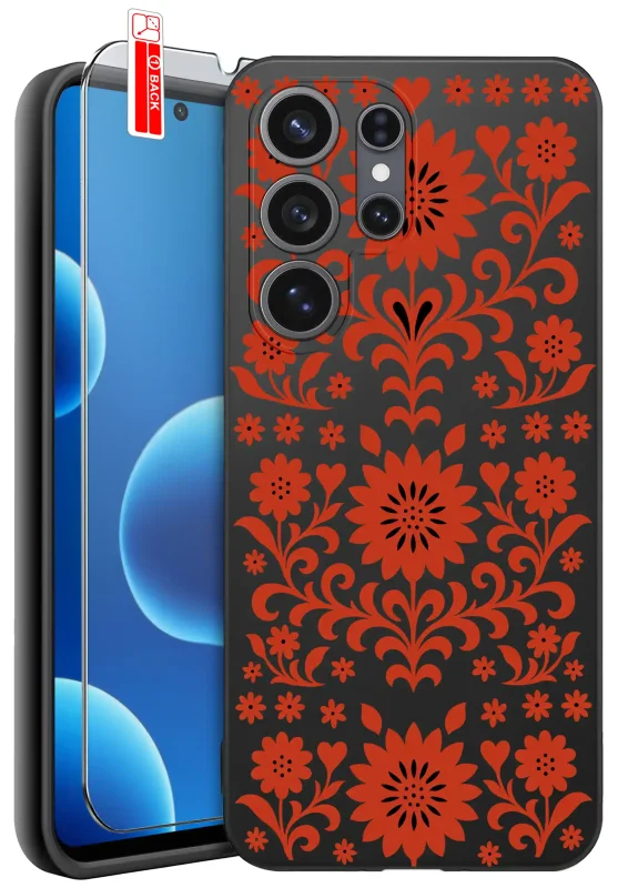 Etui do Samsung Galaxy S26 Ultra z ludowym wzorem – czerwone kwiatowe ornamenty