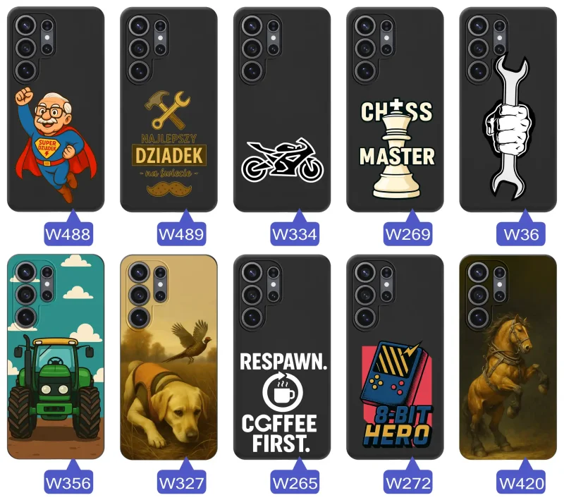 Kolekcja wzorów etui dla dziadka do Samsung Galaxy S26 Ultra – Super Dziadek, narzędzia, szachy, motocykl, traktor, pies, koń i retro gaming