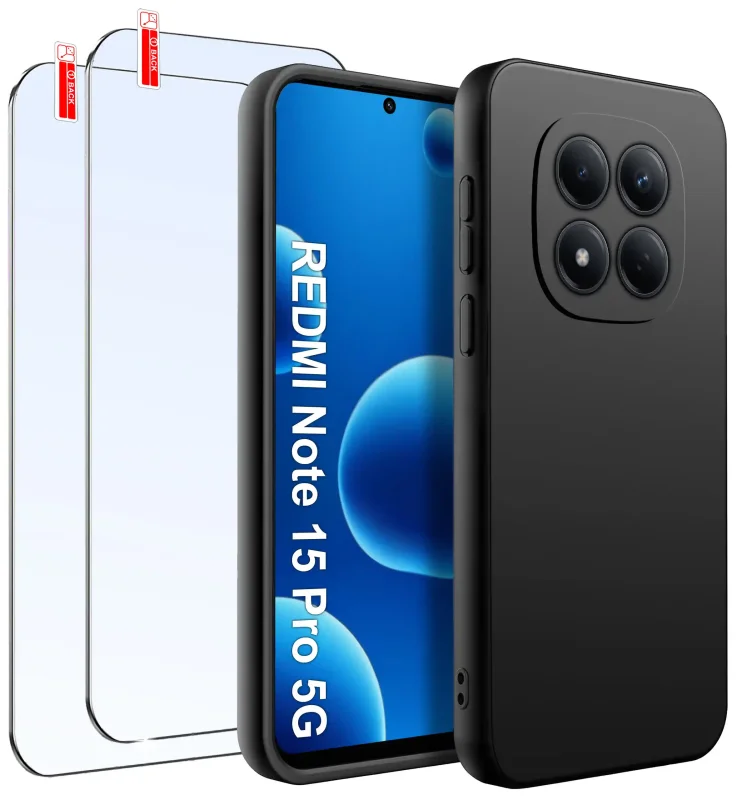 Czarny silikonowy case do Xiaomi Redmi Note 15 Pro 5G z dwoma szkłami hartowanymi