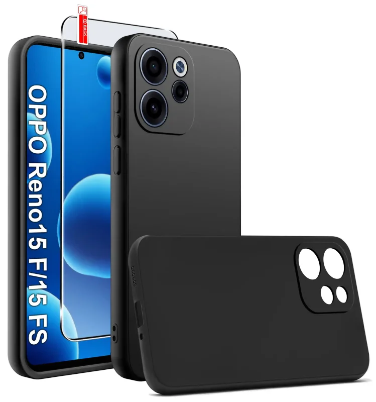 Czarny silikonowy case do Oppo Reno 15 F / 15 FS 5G z dołączonym szkłem hartowanym – widok przód i tył, matowe wykończenie
