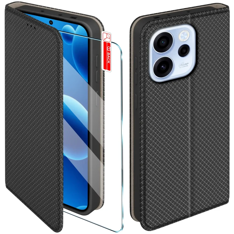 Czarne etui z klapką do Oppo Reno 15 5G ze szkłem hartowanym – widok przodu i tyłu z elegancką, teksturowaną powierzchnią