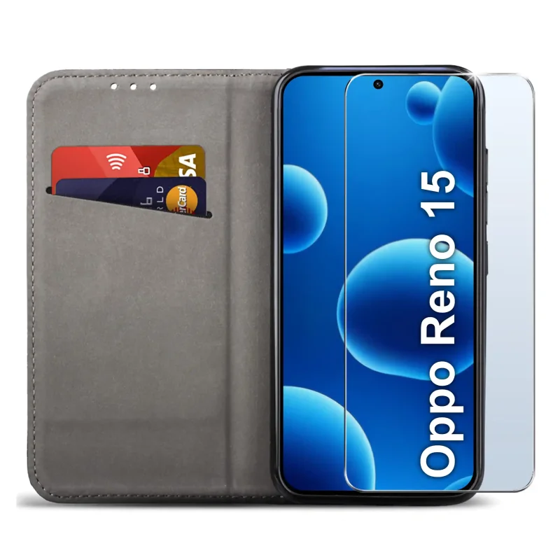 Oppo Reno 15 5G w czarnym etui z klapką – elegancki wygląd telefonu i szkło ochronne w zestawie