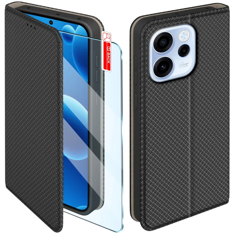 Czarne etui z klapką do Oppo Reno 15 F / 15 FS 5G ze szkłem hartowanym – widok przodu i tyłu z elegancką, teksturowaną powierzchnią