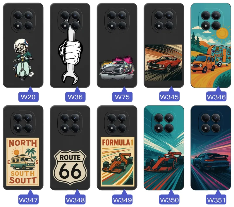 Kolekcja etui do Xiaomi Redmi Note 15 Pro 5G z motywami samochodów, motocykli, Formuły 1, Route 66 i klasycznych aut