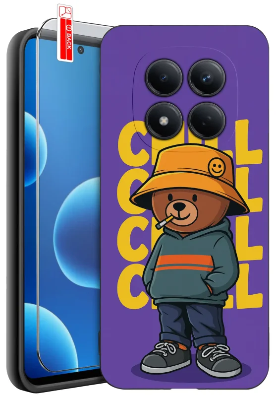 Etui do Xiaomi Redmi Note 15 Pro 5G z nadrukiem misia w kapeluszu na fioletowym tle ze szkłem hartowanym