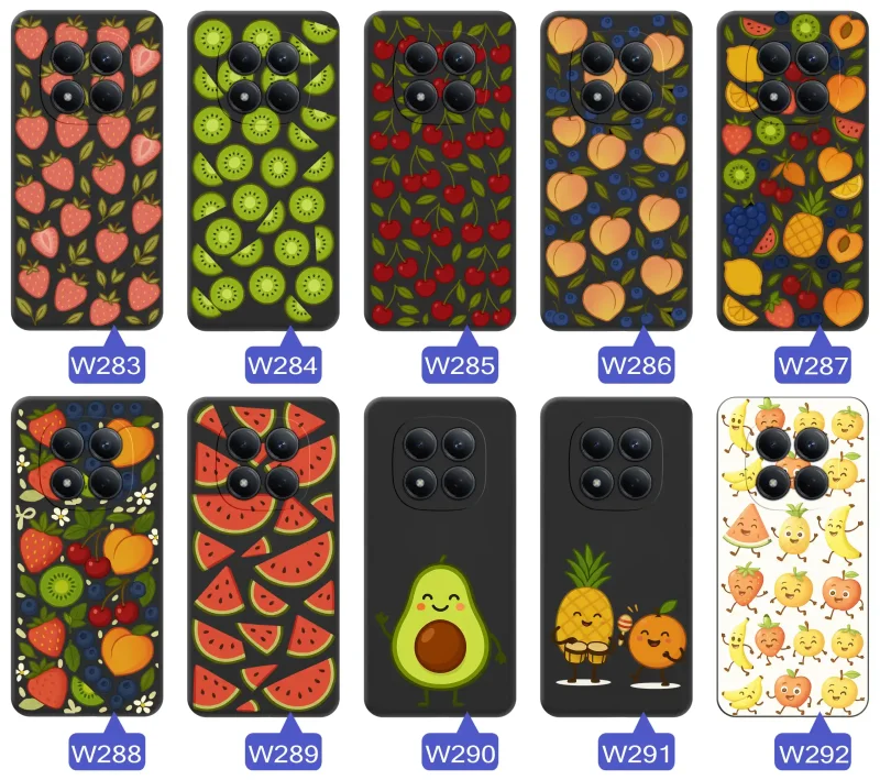 Zestaw owocowych wzorów do Xiaomi Redmi Note 15 Pro 5G – motywy cytrusów, wiśni, kiwi, arbuzów awokado oraz letnich kompozycji owocowych.