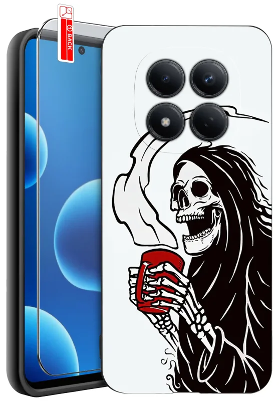Etui halloweenowe do Xiaomi Redmi Note 15 Pro 5G z nadrukiem szkieletu w kapturze i kubkiem kawy