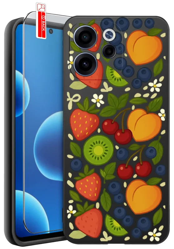 Etui z owocami do Oppo Reno 15 F / 15 FS 5G – kolorowy wzór z truskawkami, kiwi, borówkami i brzoskwiniami, silikonowe etui z nadrukiem i szkłem hartowanym 9H