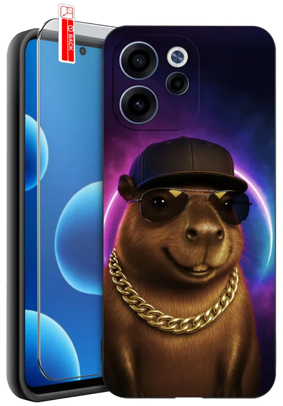 Etui do Oppo Reno 15 F / 15 FS 5G z motywem kapibary w czapce i okularach – zabawna grafika w neonowym stylu