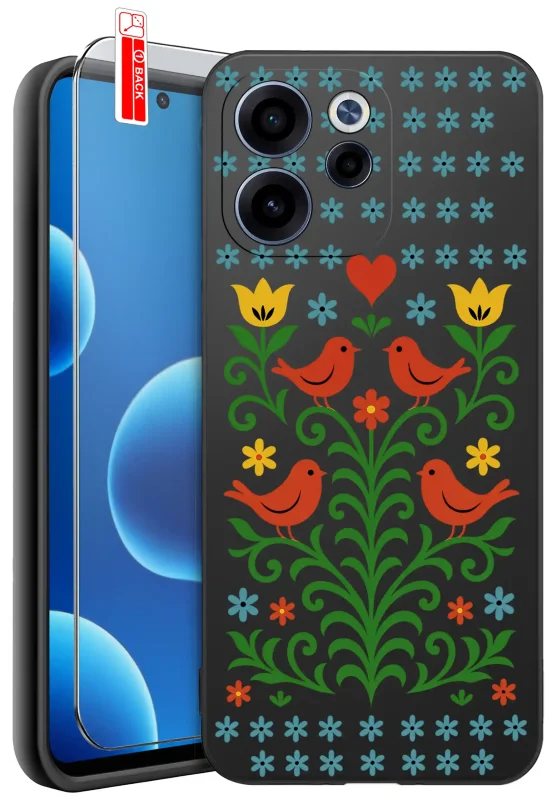 Etui do Oppo Reno 15 F / 15 FS 5G z ludowym wzorem ptaków i kwiatów – kolorowa grafika inspirowana folklorem