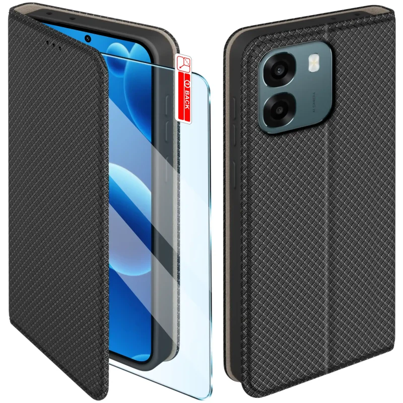Czarne etui z klapką do Oppo A6 4G / A6x ze szkłem hartowanym – widok przodu i tyłu z elegancką, teksturowaną powierzchnią
