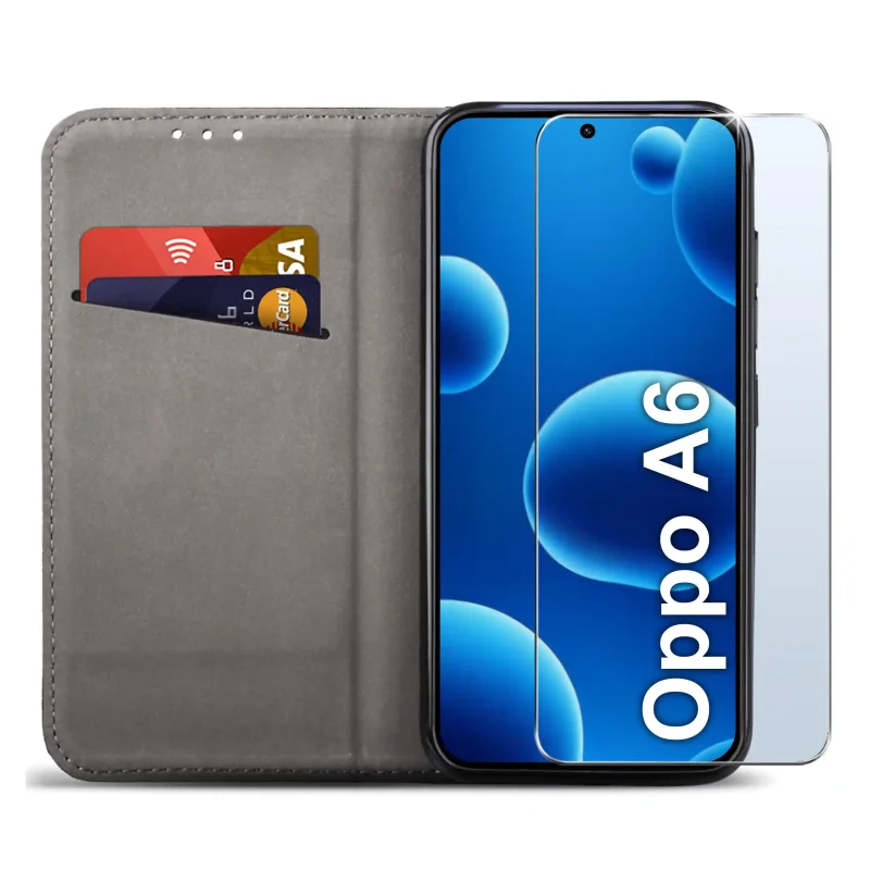 Oppo A6 4G / A6x w czarnym etui z klapką – elegancki wygląd telefonu i szkło ochronne w zestawie
