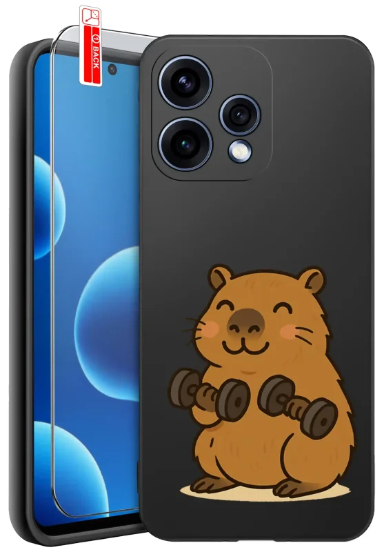 Etui z kapibarą do Oppo Reno 15 5G – case z zabawną grafiką kapibary ćwiczącej z hantlami oraz szkłem hartowanym na ekran telefonu