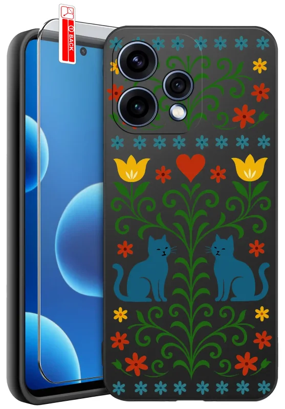 Etui ze wzorem ludowym do Oppo Reno 15 5G – case z kolorowym motywem folkowym z kotami, kwiatami i sercem oraz szkłem hartowanym na ekran telefonu