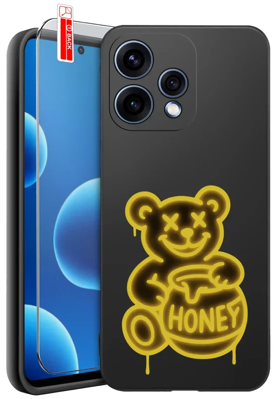 Etui z neonowym misiem i napisem „Honey” do Oppo Reno 15 5G – czarne etui silikonowe z żółtą grafiką świecącego misia trzymającego słoik miodu.
