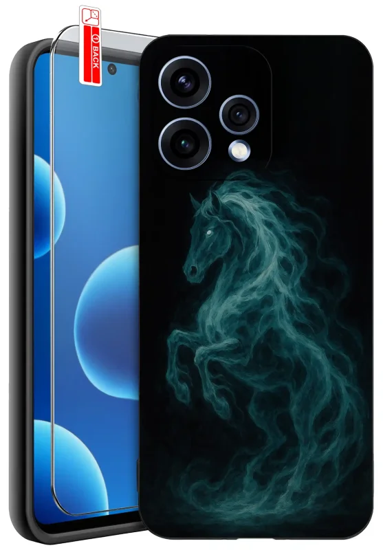 Etui z koniem do Oppo Reno 15 5G – czarne etui z grafiką konia w dymnej stylistyce i szkłem hartowanym