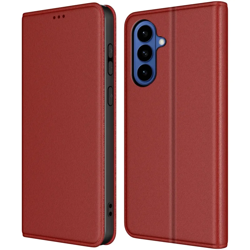 Skórzane etui z klapką do Samsung Galaxy S26 w kolorze czerwonym – widok przód i tył, eleganckie wykończenie ze skóry, precyzyjne wycięcia na aparat i przyciski boczne