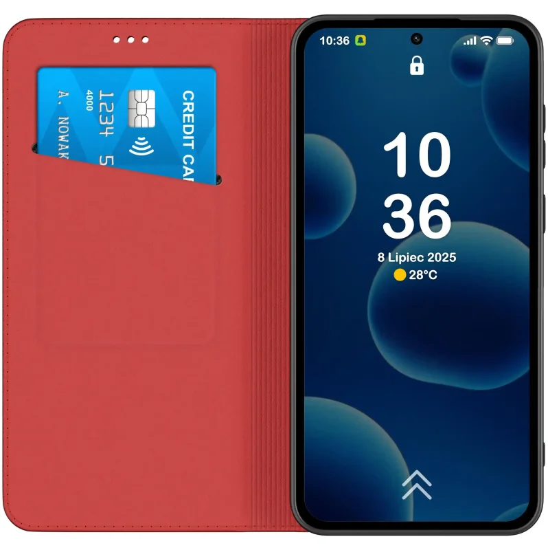 Wnętrze bordowego etui z klapką do Samsung Galaxy S26 z kieszonką na kartę
