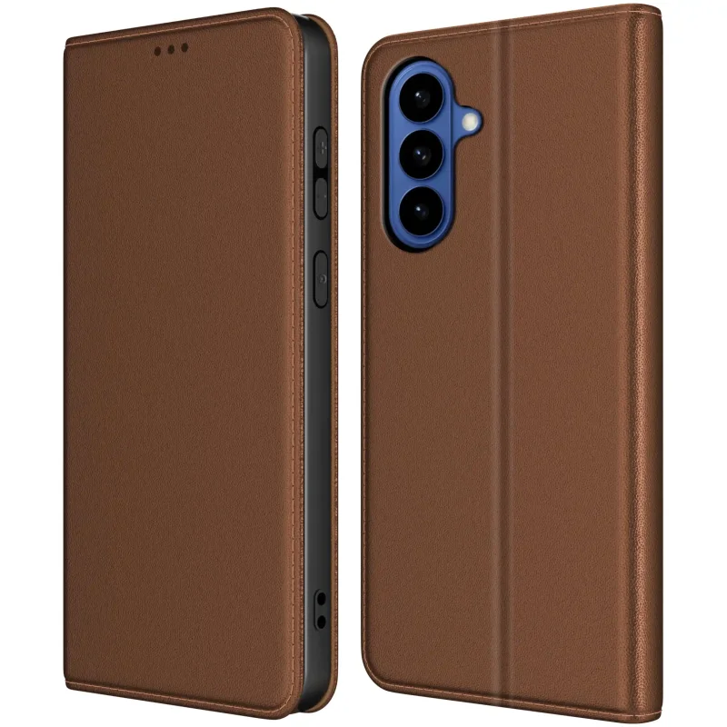 Skórzane etui z klapką do Samsung Galaxy S26 w kolorze brązowym – widok przód i tył, eleganckie wykończenie ze skóry, precyzyjne wycięcia na aparat i przyciski boczne