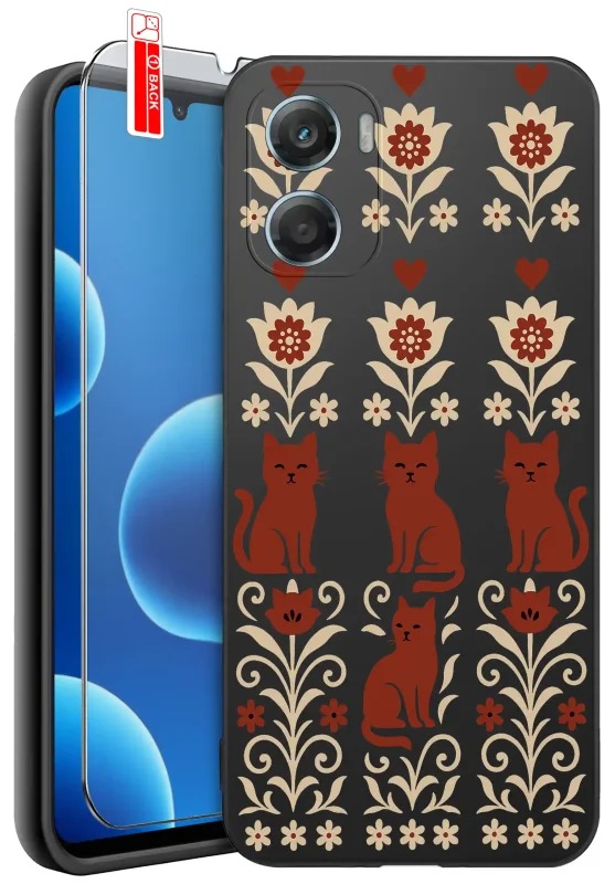 Etui z kotami i folkowym wzorem do Motorola Moto G06 / G06 Power – dekoracyjny motyw inspirowany folklorem z rudymi kotami i kwiatowymi ornamentami