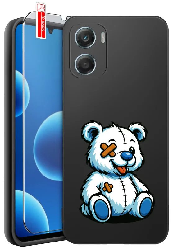 Etui z białym misiem z łatkami do Motorola Moto G06 / G06 Power – czarne etui silikonowe z ilustracją pluszowego misia z przyszywanymi łatkami i kolorowymi detalami