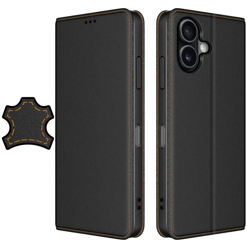 Etui do iPhone 17 skórzane zamykane czarne ze szkłem