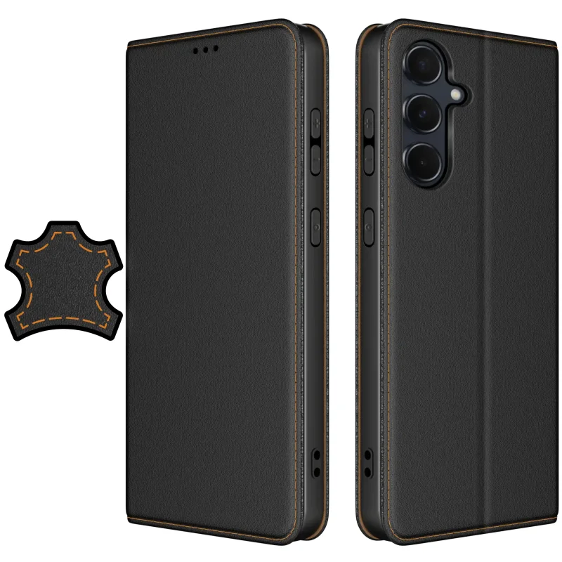 Etui do Samsung Galaxy S25 Fe skórzane zamykane czarne ze szkłem