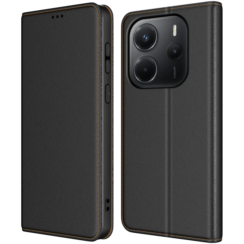 Etui z klapką do Xiaomi Redmi Note 14 5G skórzane czarne ze szkłem