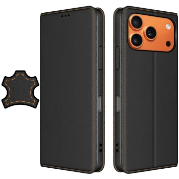 Etui do iPhone 17 Pro skórzane zamykane czarne ze szkłem