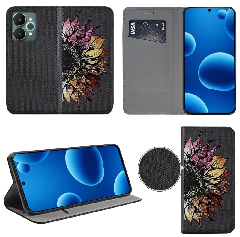 Etui książkowe do Realme 15 5G / 15 Pro 5G z kwiatem, widok przodu i tyłu, kieszonka na kartę oraz funkcja podstawki
